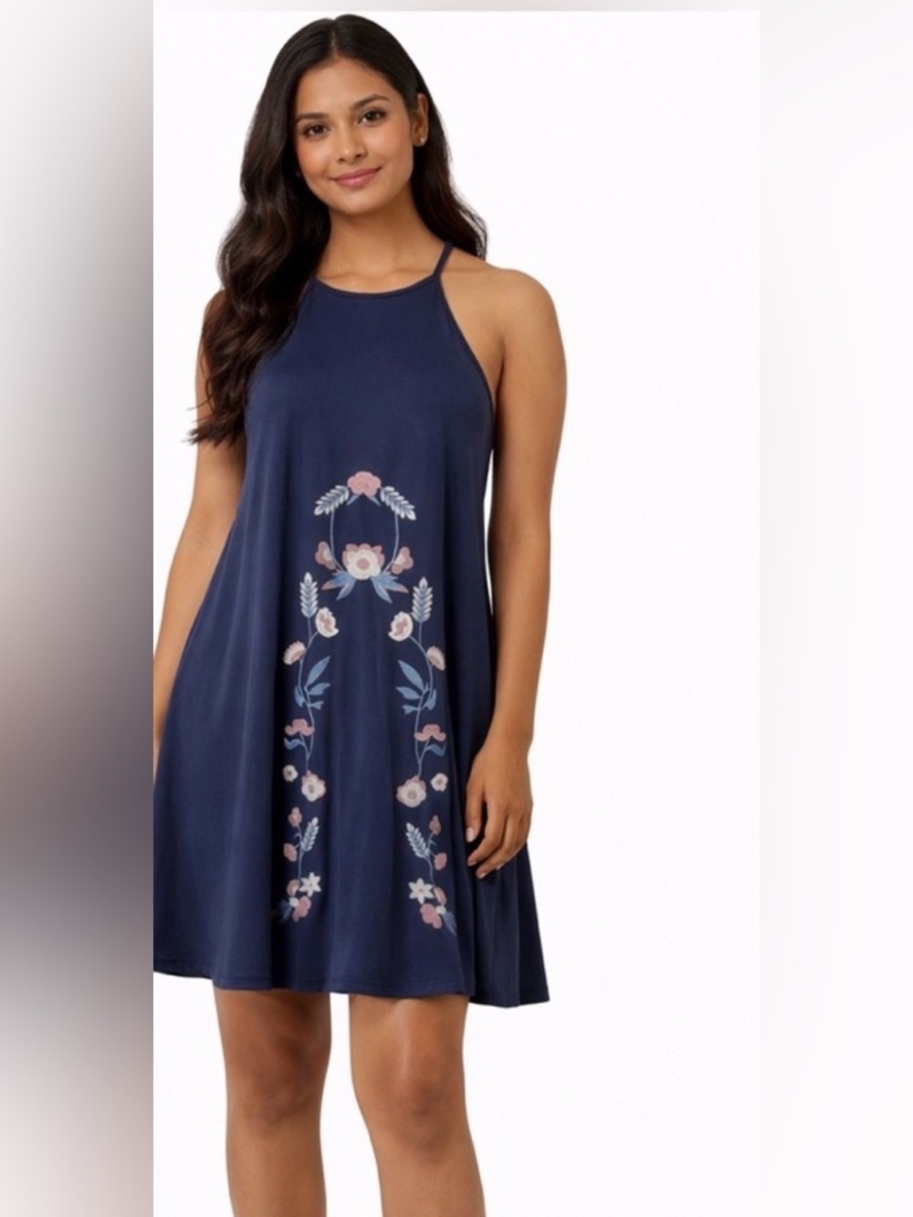 Alya Navy Embroidered Swing Dress M | Made in USA Slinky Floral Halter Dress‎